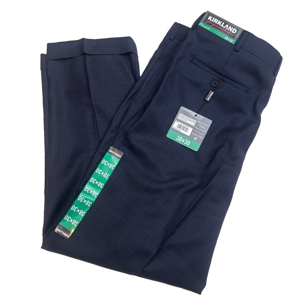 38x30 - NAVY BLUE - Kirkland Signature Men's Wool Pleated Plaid Dress Pants NEW